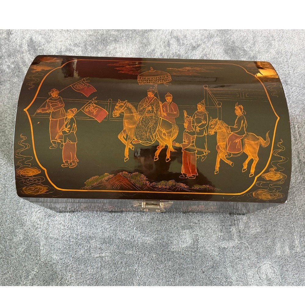 Vintage Chinese Lacquer Domed Trunk Black Gold Royal Procession Chest YC053A